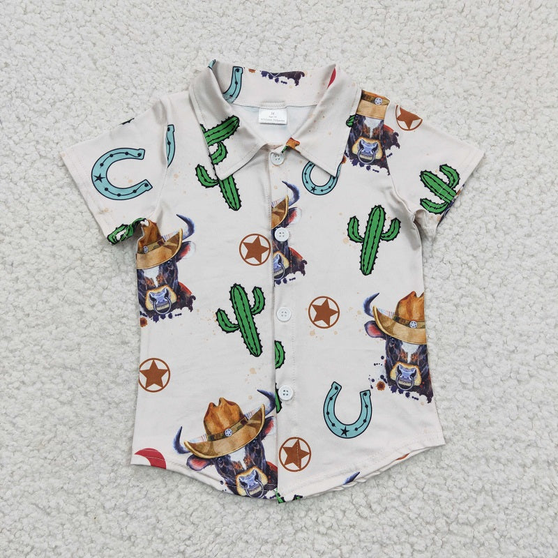 BT0213 Boys Cow Cactus White Short Sleeve Top