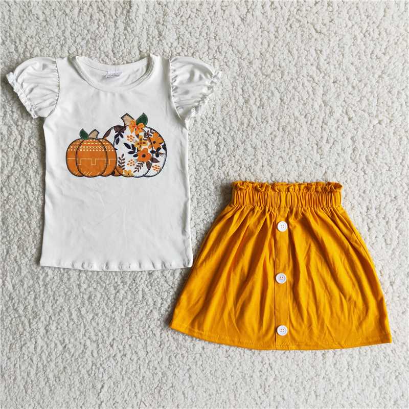 D2-15 Pumpkin White Short Sleeve Top Button Yellow Skirt Suit