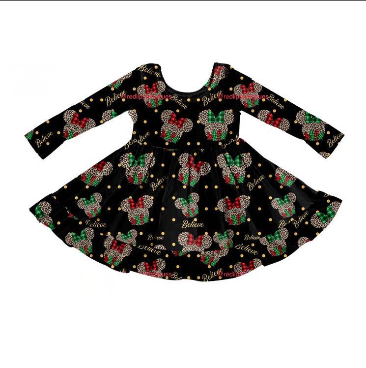 GLD0001 Girls Christmas Leopard Mickey Long Sleeve Dress