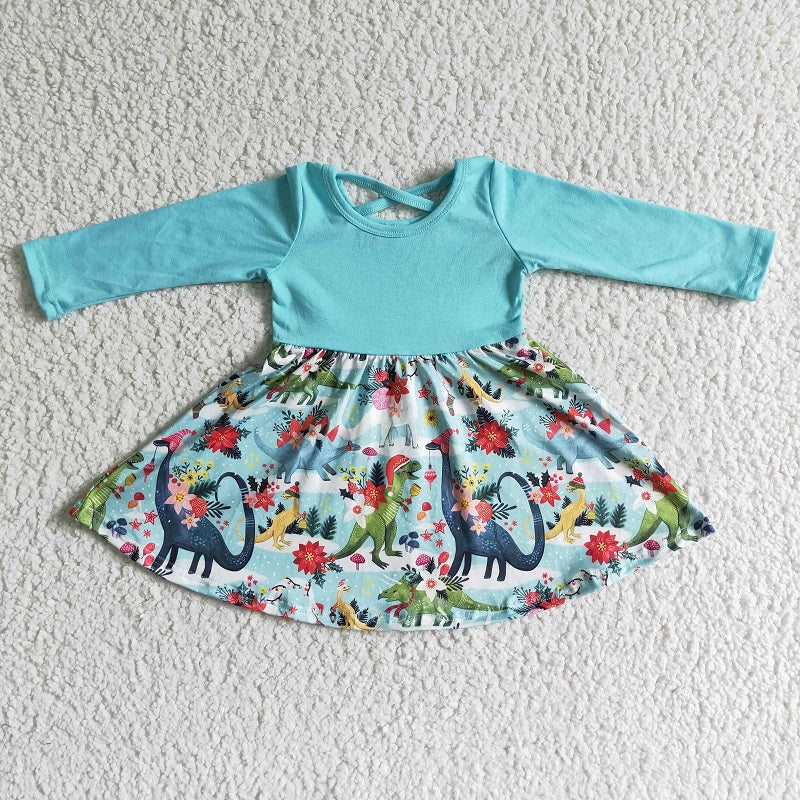 GLD0006 Christmas Dinosaur Flower Blue Long Sleeve Dress
