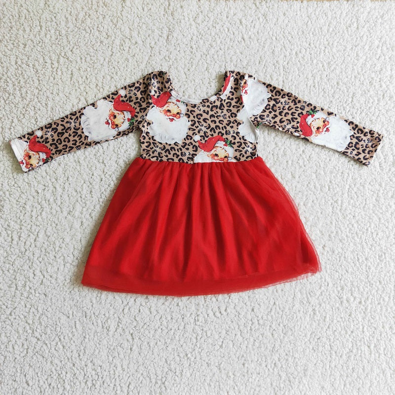 GLD0132 Girls Santa Leopard Red Long Sleeve Dress
