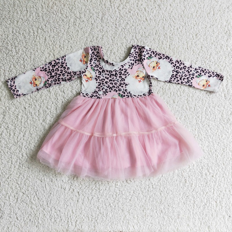 GLD0134 Girls Santa Leopard Pink Long Sleeve Dress
