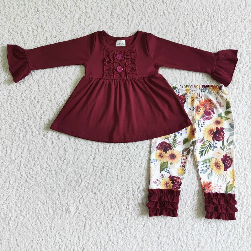 GLP0015 Girls Flower Button Red Long Sleeve Lace Trousers Suit
