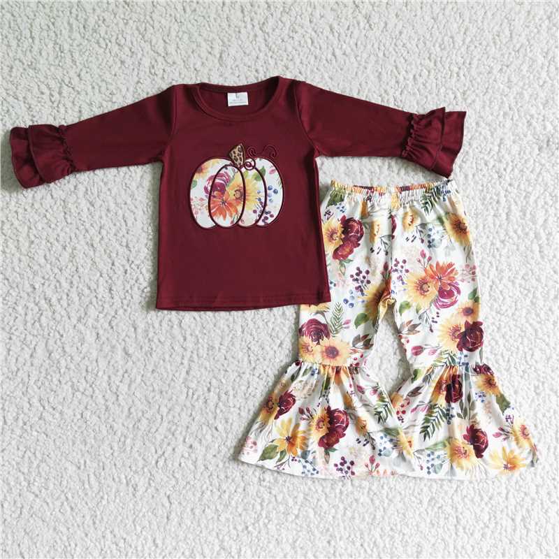 GLP0016 Girls Autumn Embroidered Pumpkin Flower Red Long Sleeve Pants Set