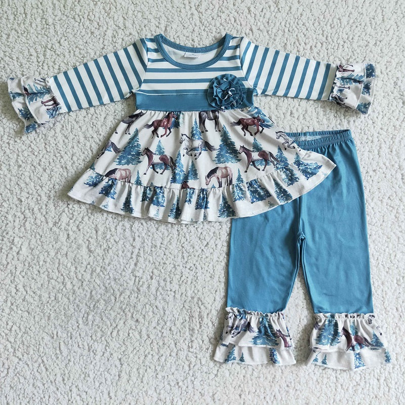 GLP0019 Girls Blue Striped Horse Tree Flower Long Sleeve Trousers Suit D 920