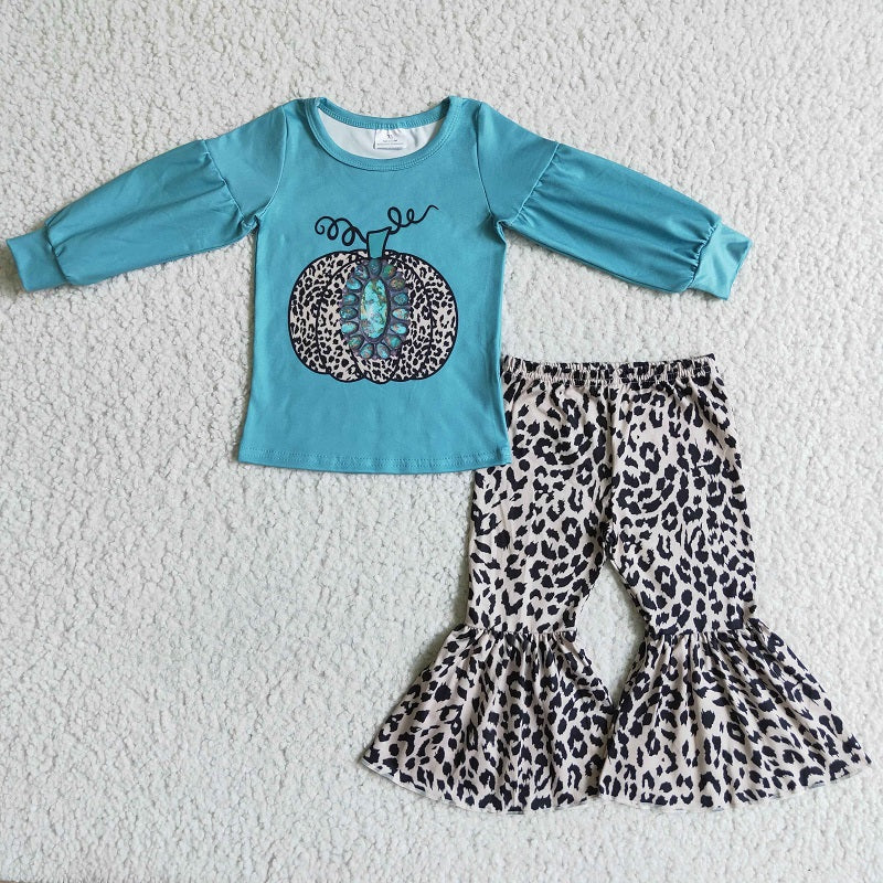 GLP0070 Girls' Leopard Pumpkin Jewel Long Sleeve Pants Set