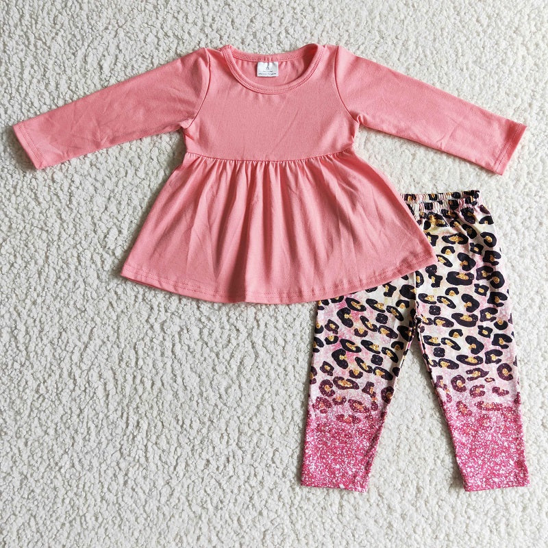 GLP0108 Girls Pink Leopard Print Long Sleeve Trousers Suit
