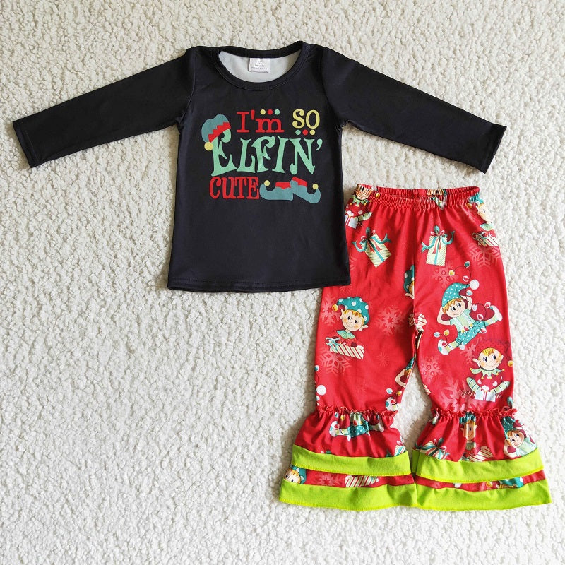 GLP0155 girl christmas cartoon black long sleeve trousers suit
