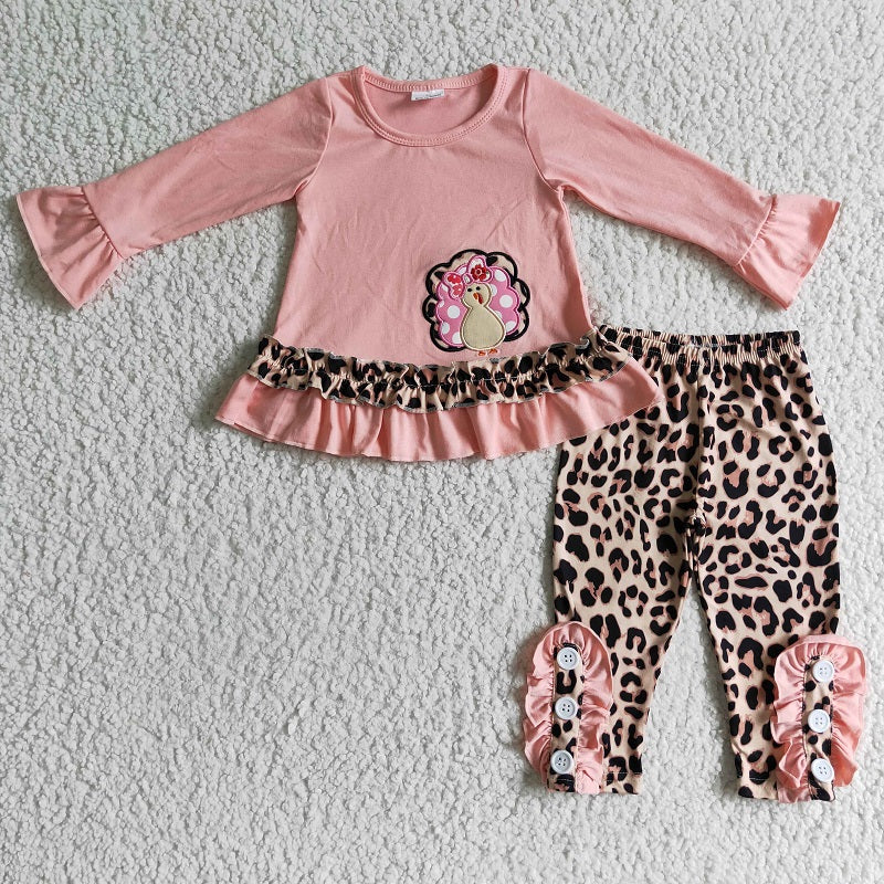 GLP0172 Girls Pink Embroidered Turkey Long Sleeve Pants Set