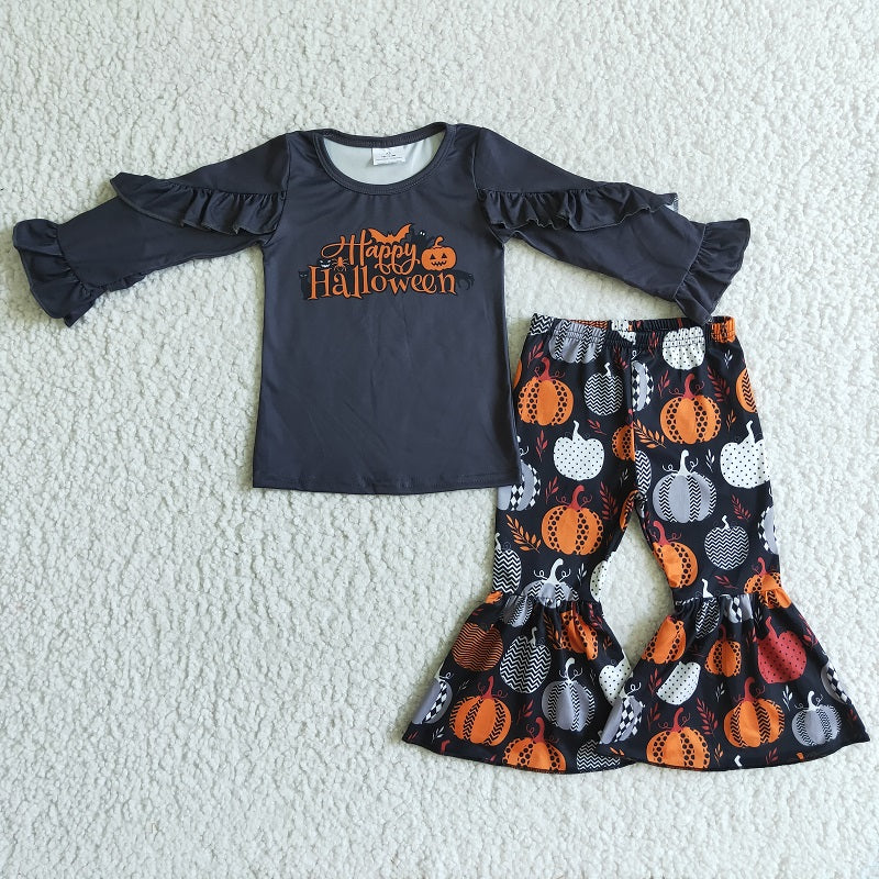 GLP0178 Girls Halloween Pumpkin Long Sleeve Pants Set D 908