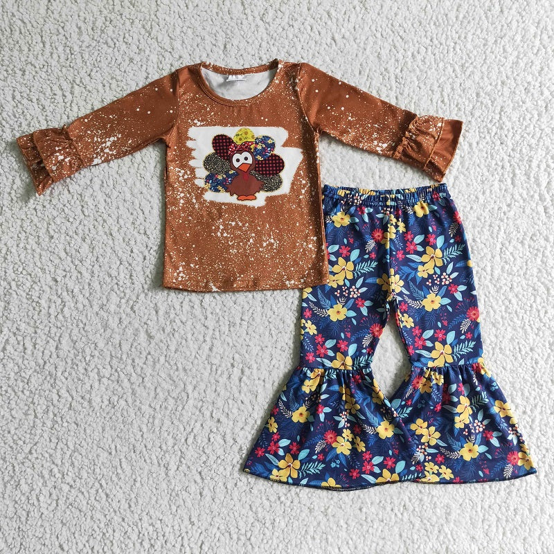 GLP0241 Girls Turkey Flower Brown Long Sleeve Trousers Set