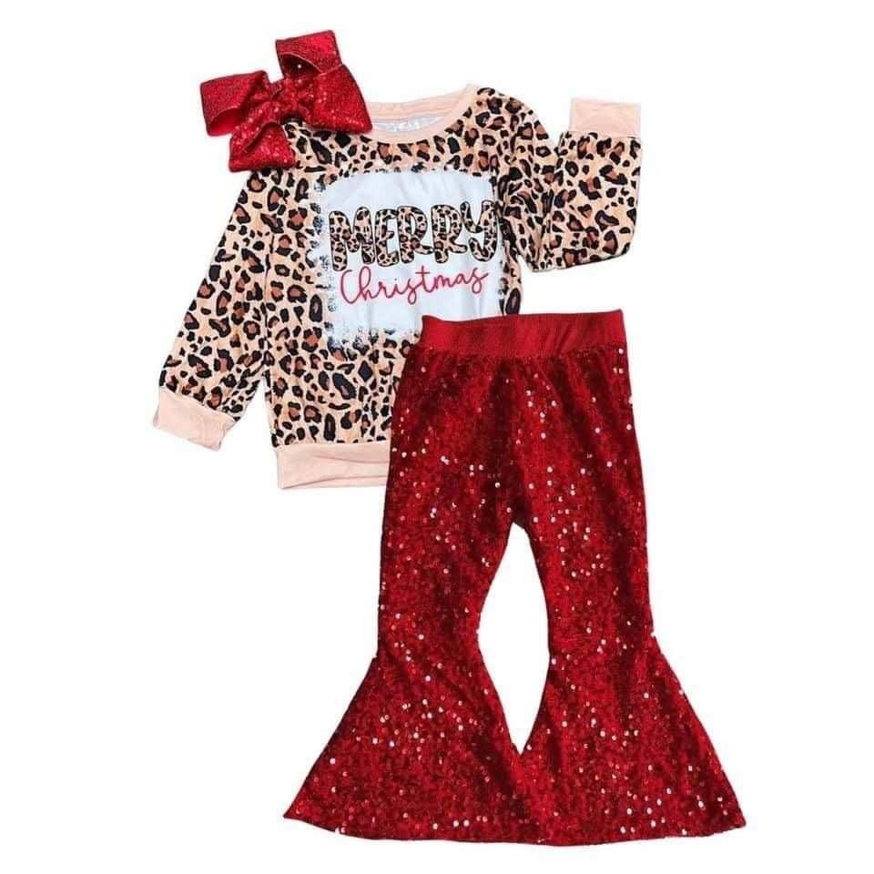 GLP0334 Girls Christmas Leopard Print Red Sequin Pant Set GT0060+B4-11
