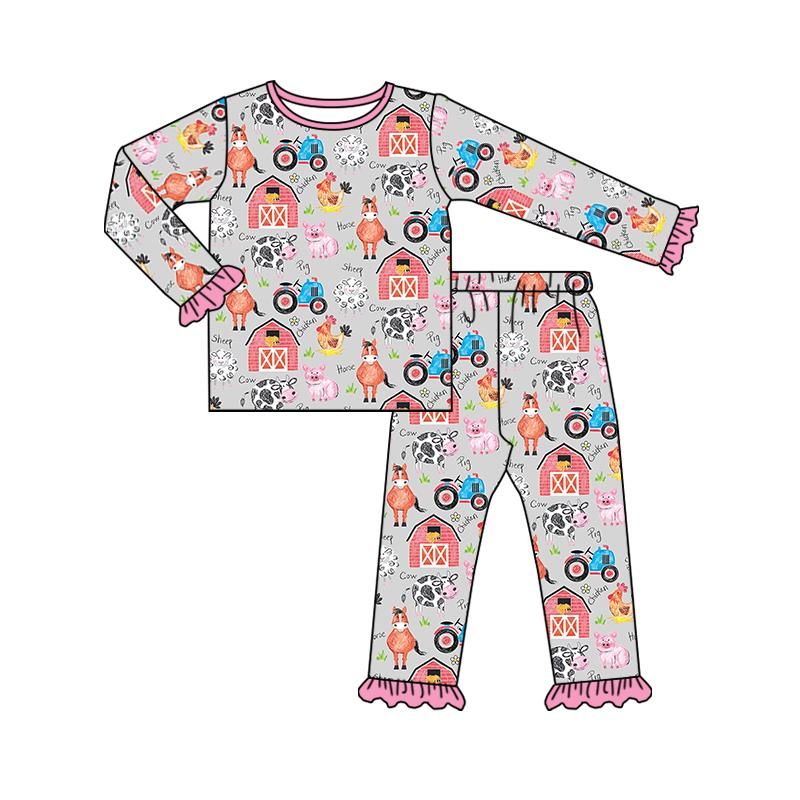 GLP0342 Girls Farm Cow Horse Pig Chicken Long Sleeve Pants Set
