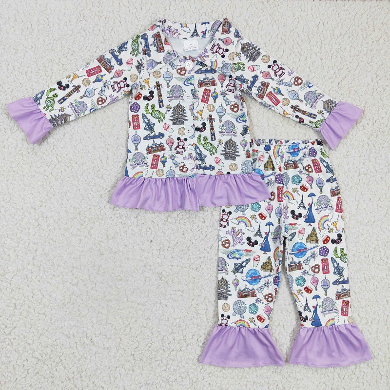 GLP0357 Girls Cartoon Purple Lace Long Sleeve Trousers Set
