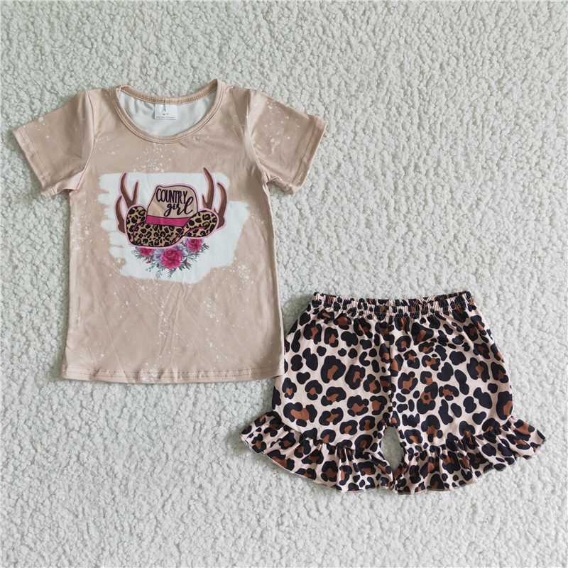 GSD0047 Light Coffee Hat Antler Flower Short Sleeve Leopard Lace Shorts Set