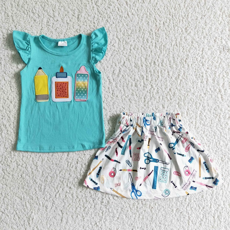 GSD0080 Girls Embroidery Blue Pencil Scissors Fly Sleeve Skirt Set