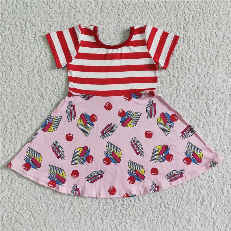 GSD0088 Girl Book Apple Red Striped Short Sleeve Dress