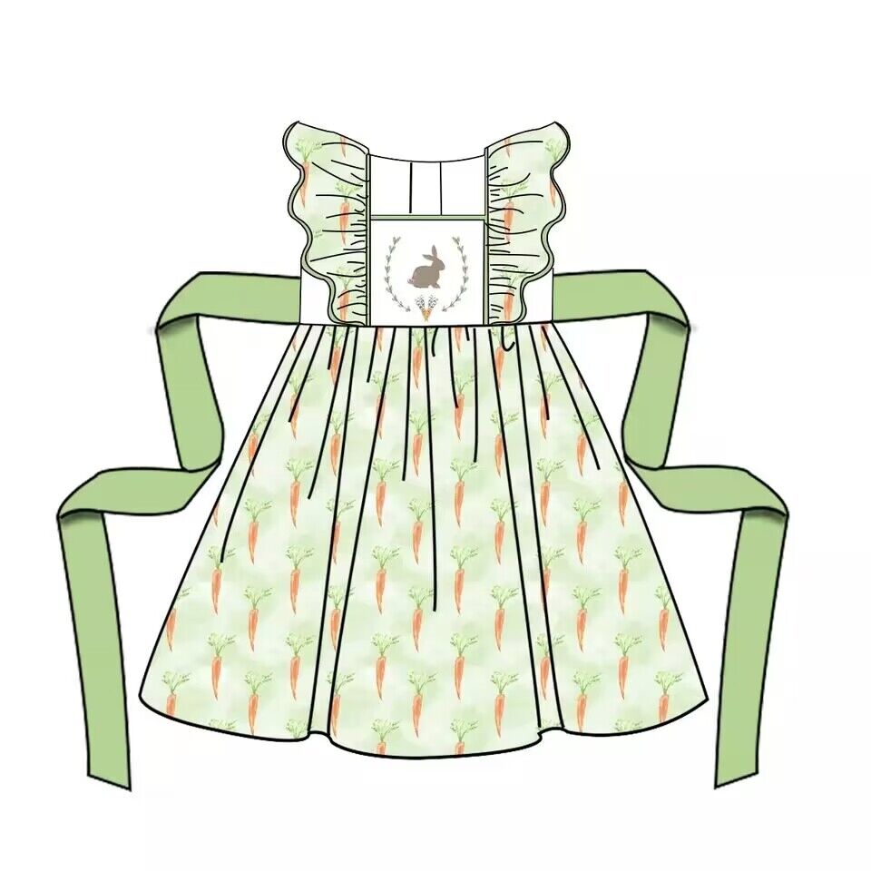 GSD0157 Girls Rabbit Carrot Green Flying Sleeve Lace-Up Dress