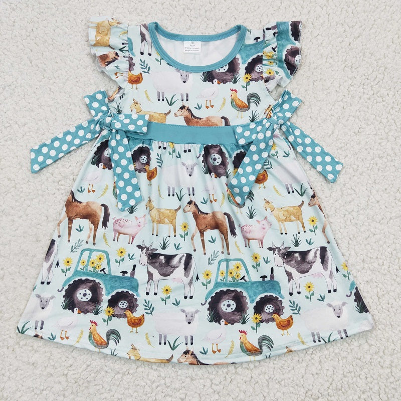 GSD0162 Girl Farm Cart Cow Horse Pig Chicken Flying Sleeve Dress D 4.17