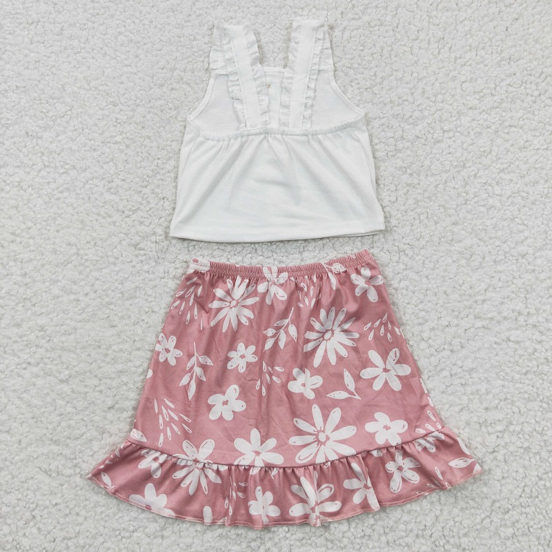 GSD0270 Baby Girls White Vest Floral Pink Skirt Set
