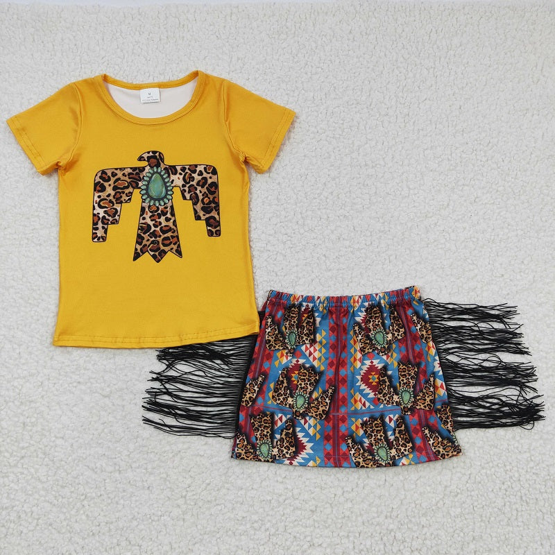 GSD0287 Baby Girls Leopard Gemstone Eagle Short Sleeve Tassel Set D 5.15
