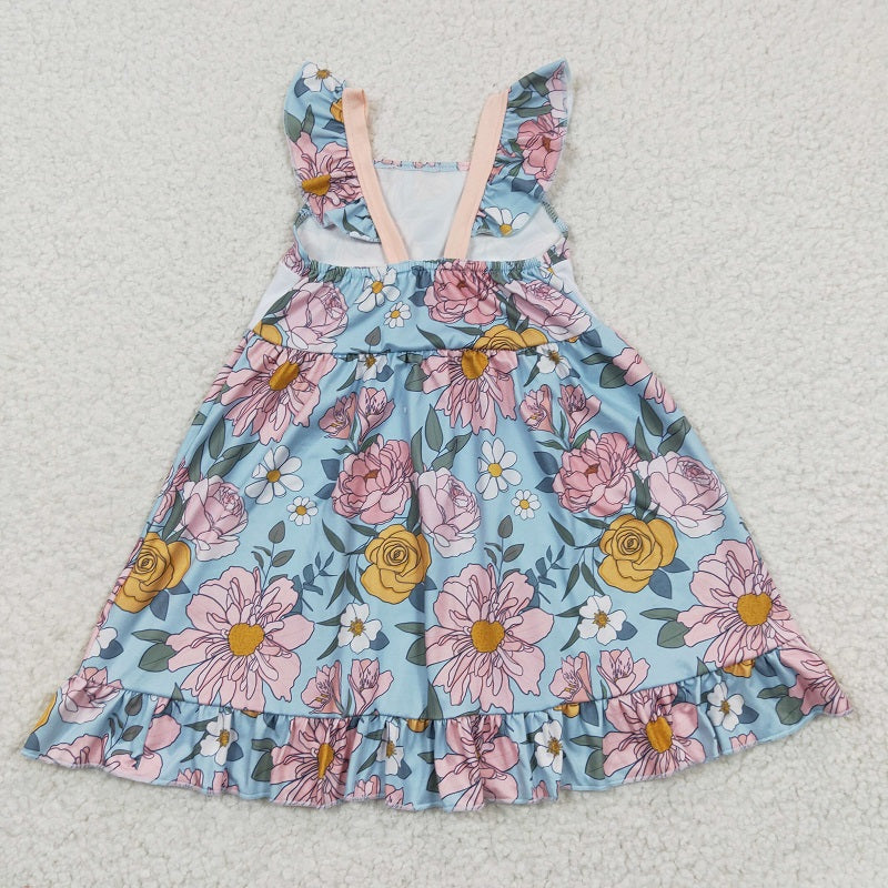 GSD0315 Embroidered Mamas Girl floral blue dress with flying sleeves