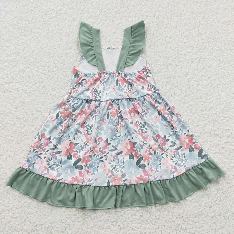GSD0319 Pink Flower Grass Green Flying Sleeve Dress