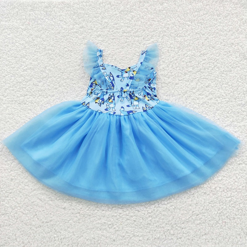 GSD0334 kids clothes girls cartoon blue tulle dress girl party dress