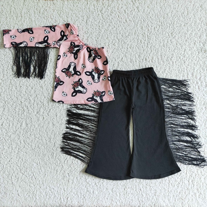 GSPO0140 Girls' Cow Fringe Single Sleeve Trousers Suit