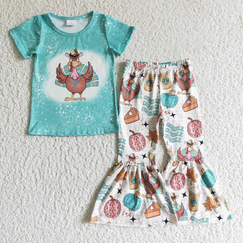 GSPO0195 Girls Thanksgiving Turkey Blue Short Sleeve Pants Set