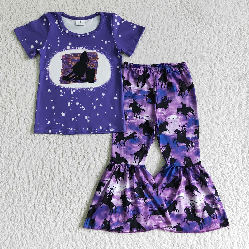 GSPO0203 Girls Western Denim Purple Short Sleeve Trousers Suit