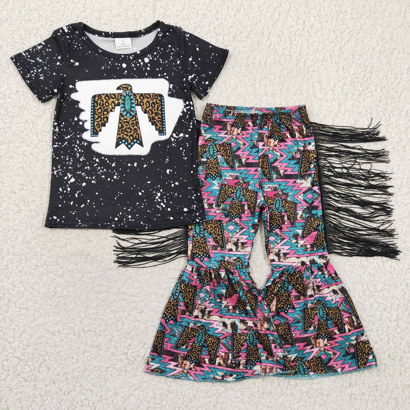 GSPO0209 Baby Girls Leopard Gem Eagle Black Short Sleeve Tassel Pant Set D 7.12