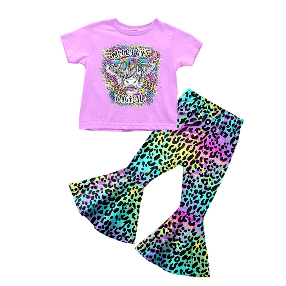 GSPO0240 Girls Alpine Cow Color Leopard Short Sleeve Pants Set
