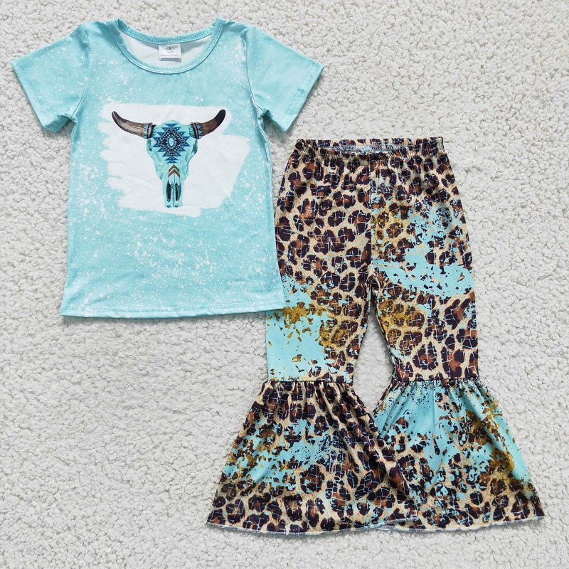 GSPO0248 Girls' Blue Bull Tau Short Sleeve Leopard Print Trousers Suit D 4.16