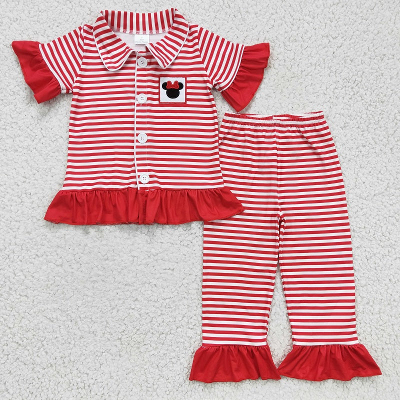 GSPO0256 Girls Embroidered Cartoon Red Stripe Button Short Sleeve Trousers Suit