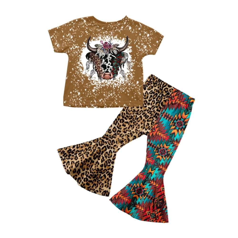 GSPO0263 Girls' Alpine Cow Leopard Print Geometric Cow Print Short Sleeve Trousers Suit