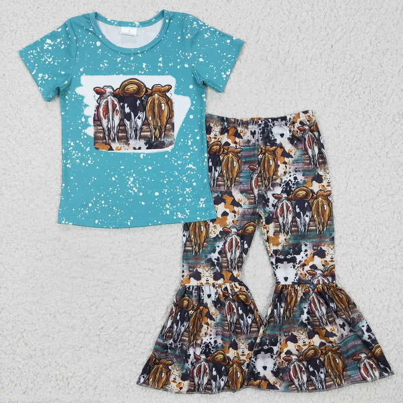GSPO0279 Baby Girls Cow Blue Short Sleeve Trousers Suit D 7.17