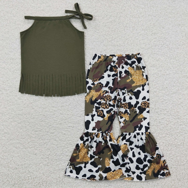 GSPO0300 Baby Girls Dark Green Tassel Halter Neck Cow Pattern Trousers Suit