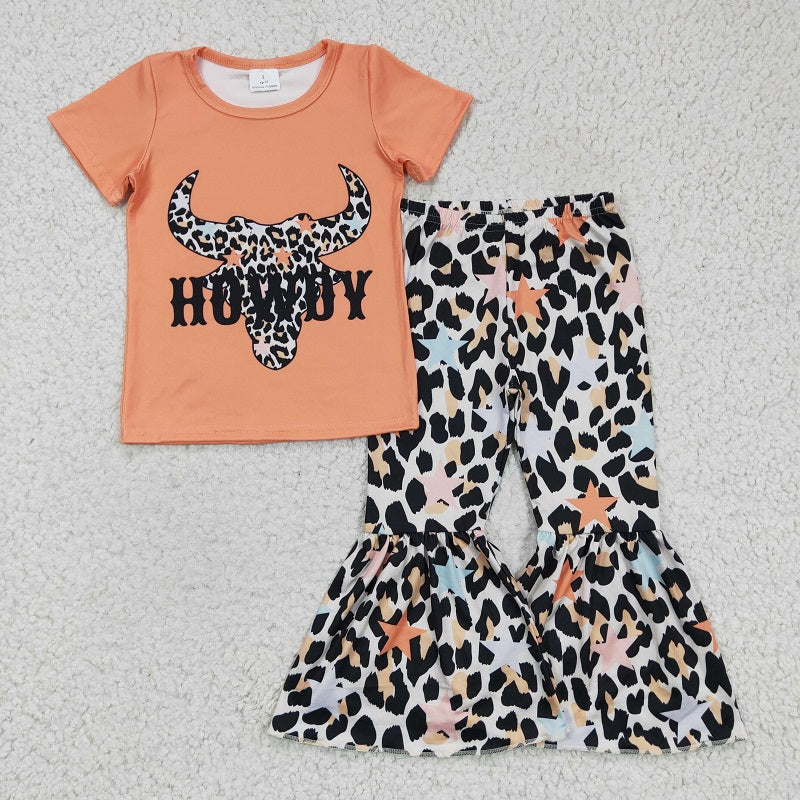 GSPO0305 Girls HOWDY leopard bull head short-sleeved trousers suit D 8.7