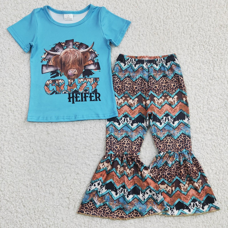 GSPO0372 Girls CRAZY blue leopard-print alpine short-sleeved trousers suit
