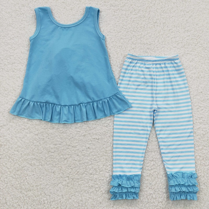 GSPO0505 Baby Girls Blue Lace Striped Vest Trousers Set
