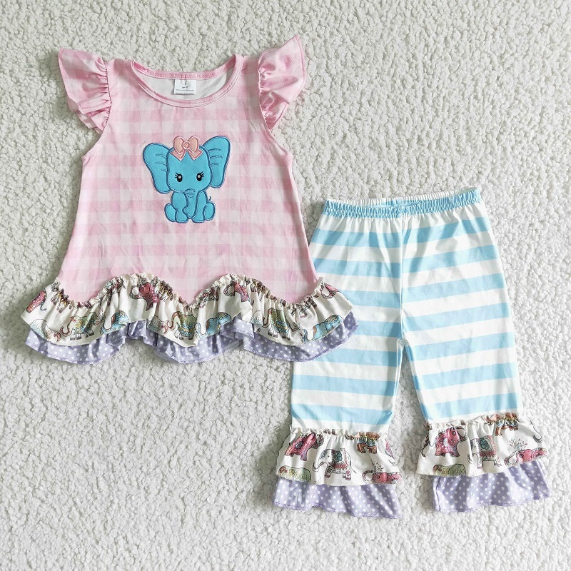 GSSO0104 Girls Pink Embroidered Elephant Flying Sleeves Blue Striped Cropped Pants Suit
