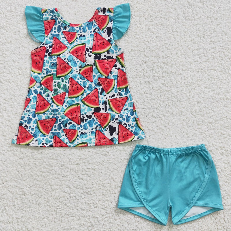 GSSO0137 Baby Girls Watermelon Blue Flying Sleeve Shorts Set