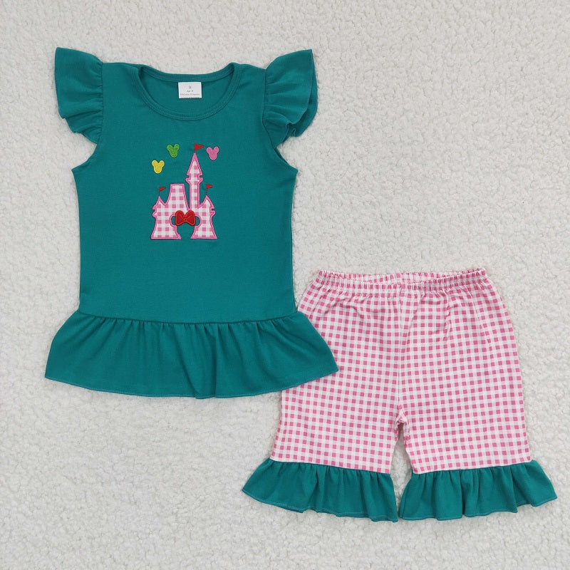 GSSO0151 Baby Girls Embroidered Castle Green Flying Sleeves Red Shorts Set D 4.10