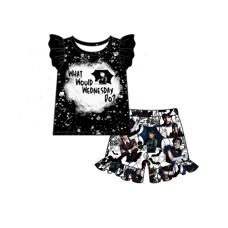 GSSO0177 Girls WEDNESDAY Black Flying Sleeve Shorts Set