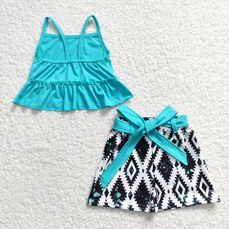 GSSO0201 Baby Girls Blue Suspenders Geometric Pattern Shorts Set
