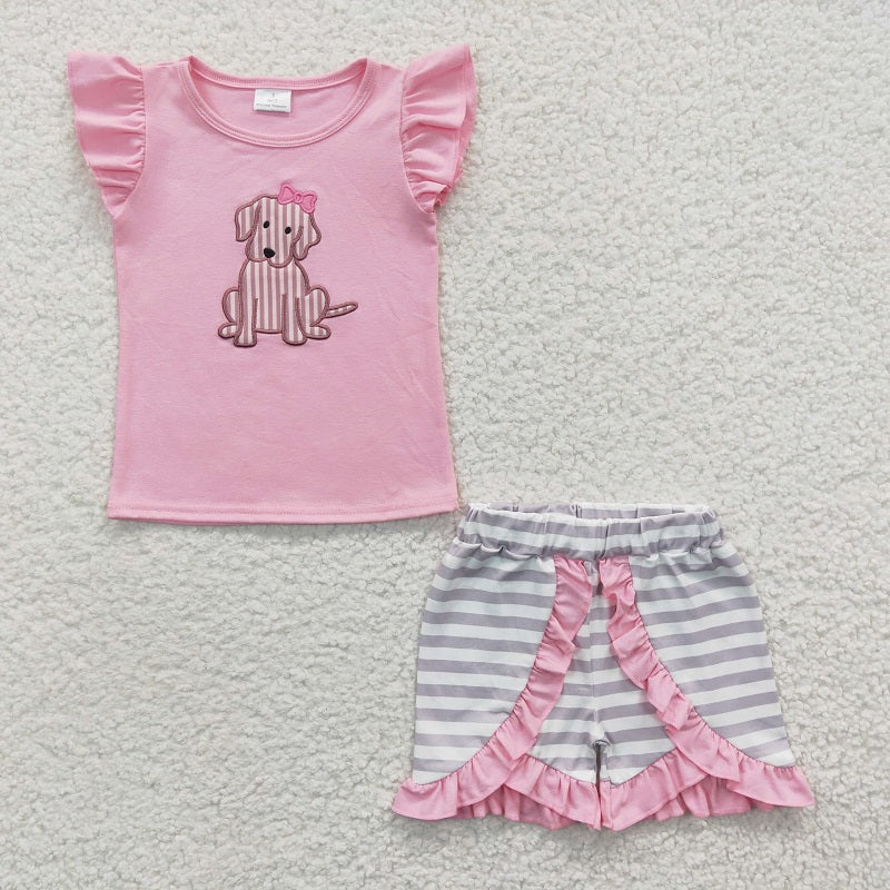 GSSO0223 Baby Girls Embroidered Puppy Pink Flying Sleeve Shorts Set D 6.2