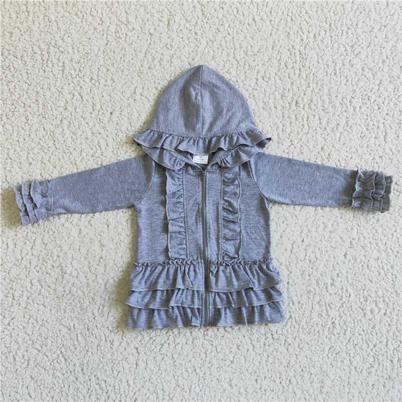 GT0015 GREY COLOR COTTON LONG SLEEVE RUFFLE COAT
