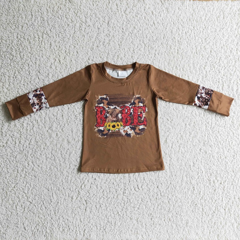 BT0066 Girls Alpine Cow Sunflower BABE Brown Long Sleeve Top
