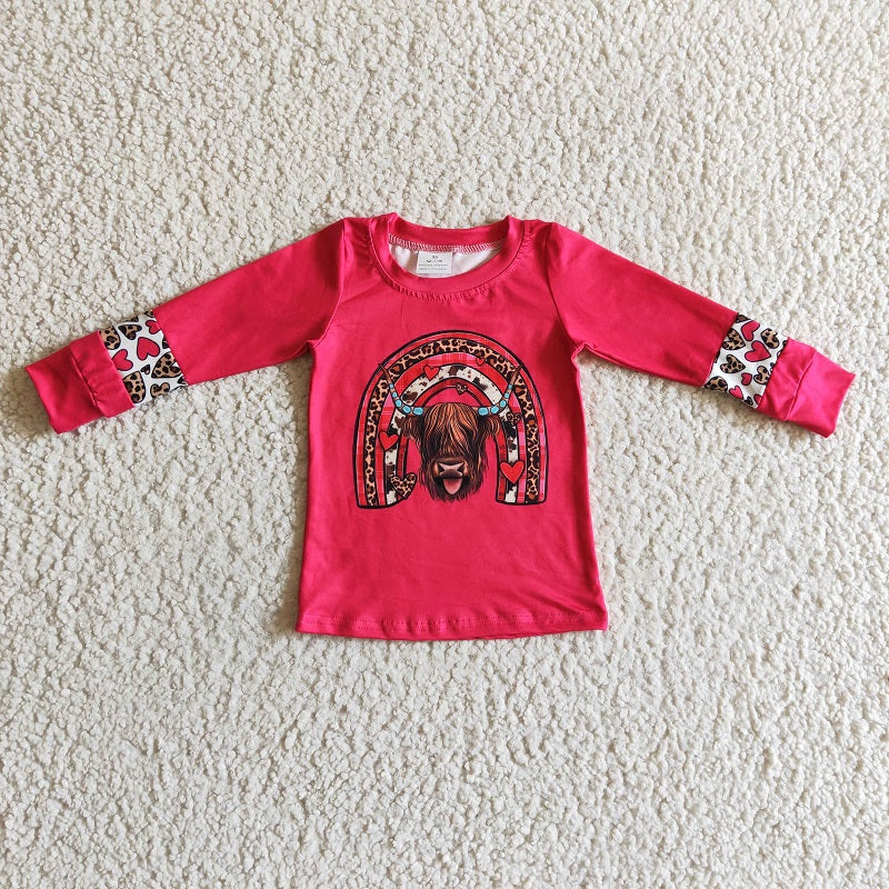 GT0067 Girls Alpine Cow Leopard Print Heart Rose Red Long Sleeve Top
